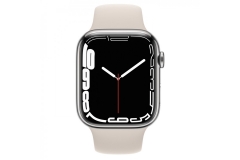 Apple Watch Series 7 GPS + Cellular 45mm Silver Stainless Steel Case w. Starlight Sport Band (MKJD3)